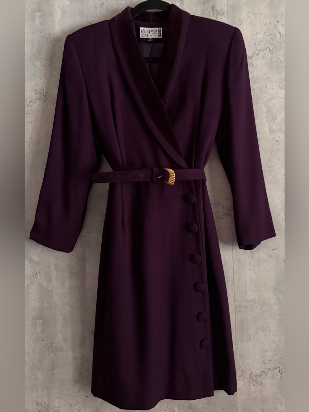 Vtg Kasper ASL Petite Blazer Dress Purple Plum Wrap Power SuitCoat 80 90s Gld 6P